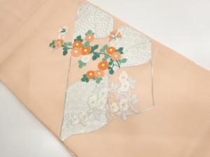 絽　銀駒刺繍　変わり色紙に菊・椿模様織り出し名古屋帯